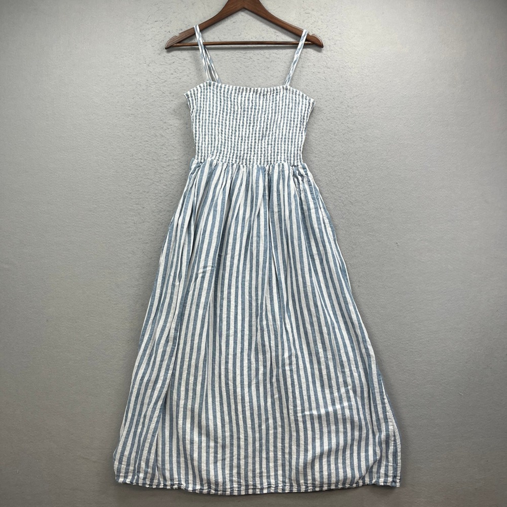 Z Supply Maxi Dress Womens L Blue Striped Smocked Linen Blend Coastal Nautical